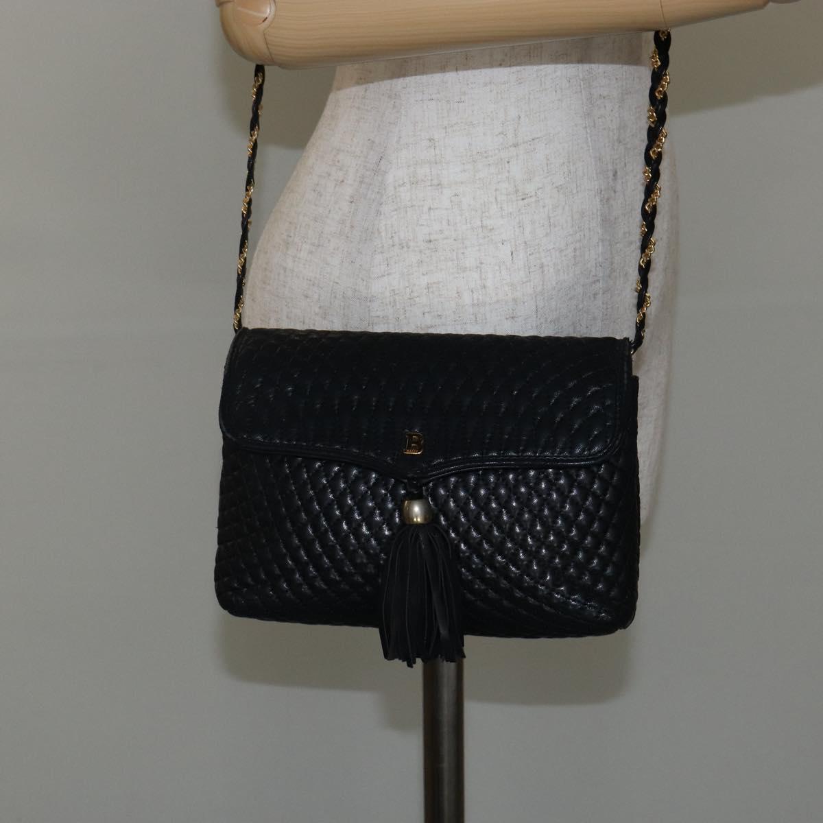 BALLY Chain Shoulder Bag Leather Black Gold Auth am9112