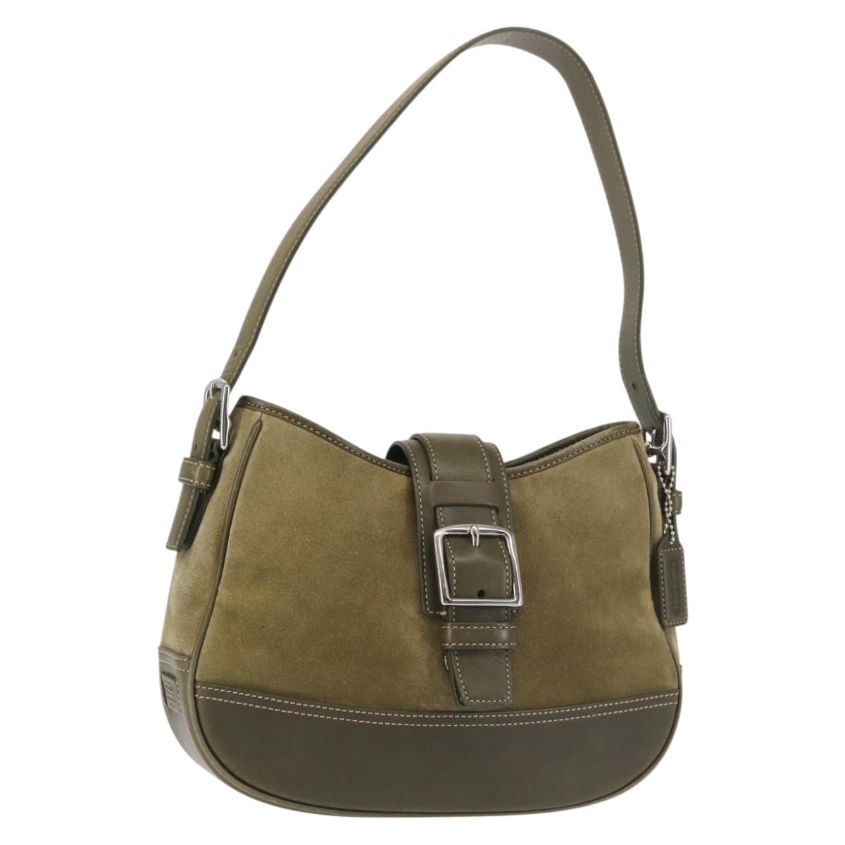Coach Shoulder Bag Suede Leather Khaki Silver Auth am9145