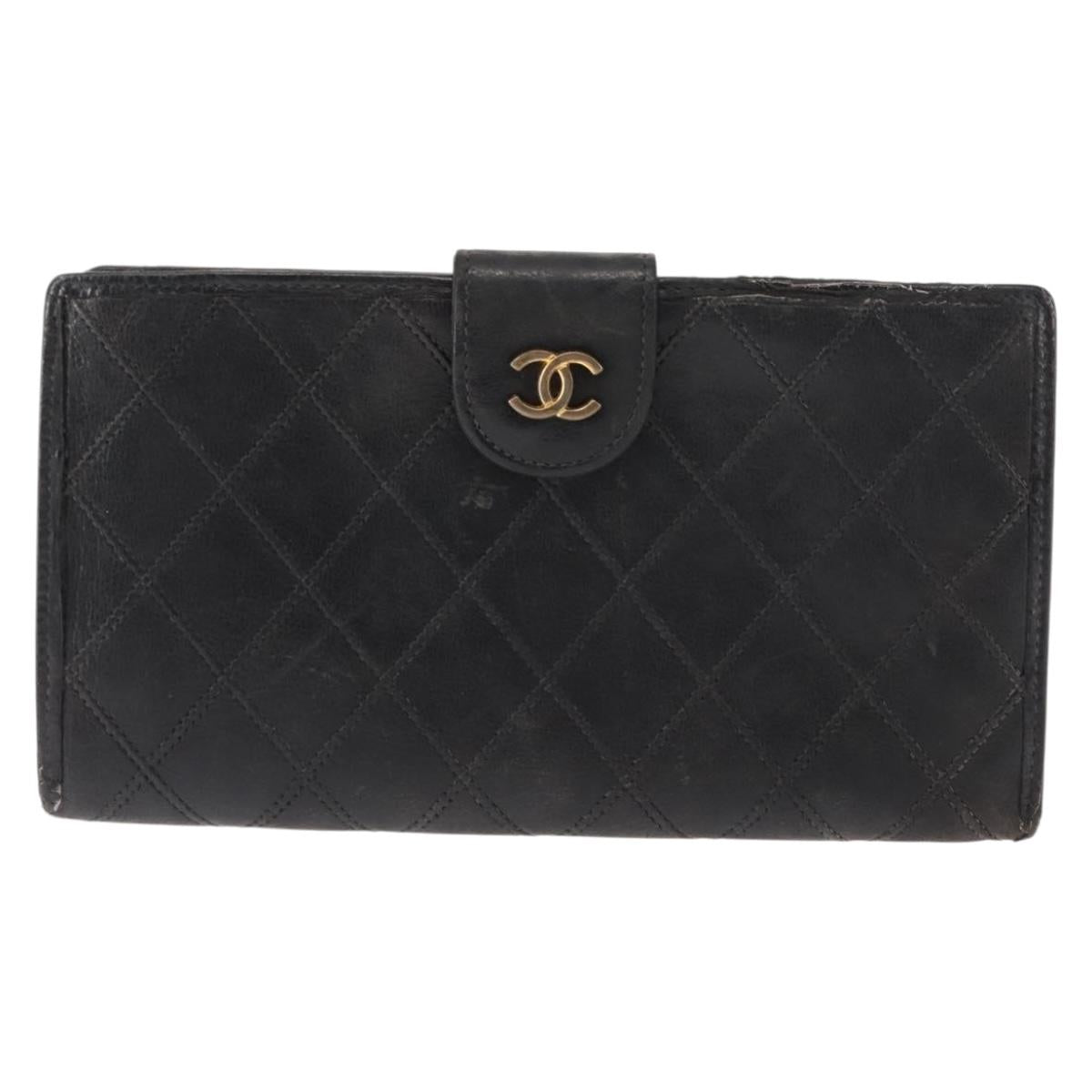 CHANEL Bicolore Long Wallet Lamb Skin Black Gold CC Auth am9177
