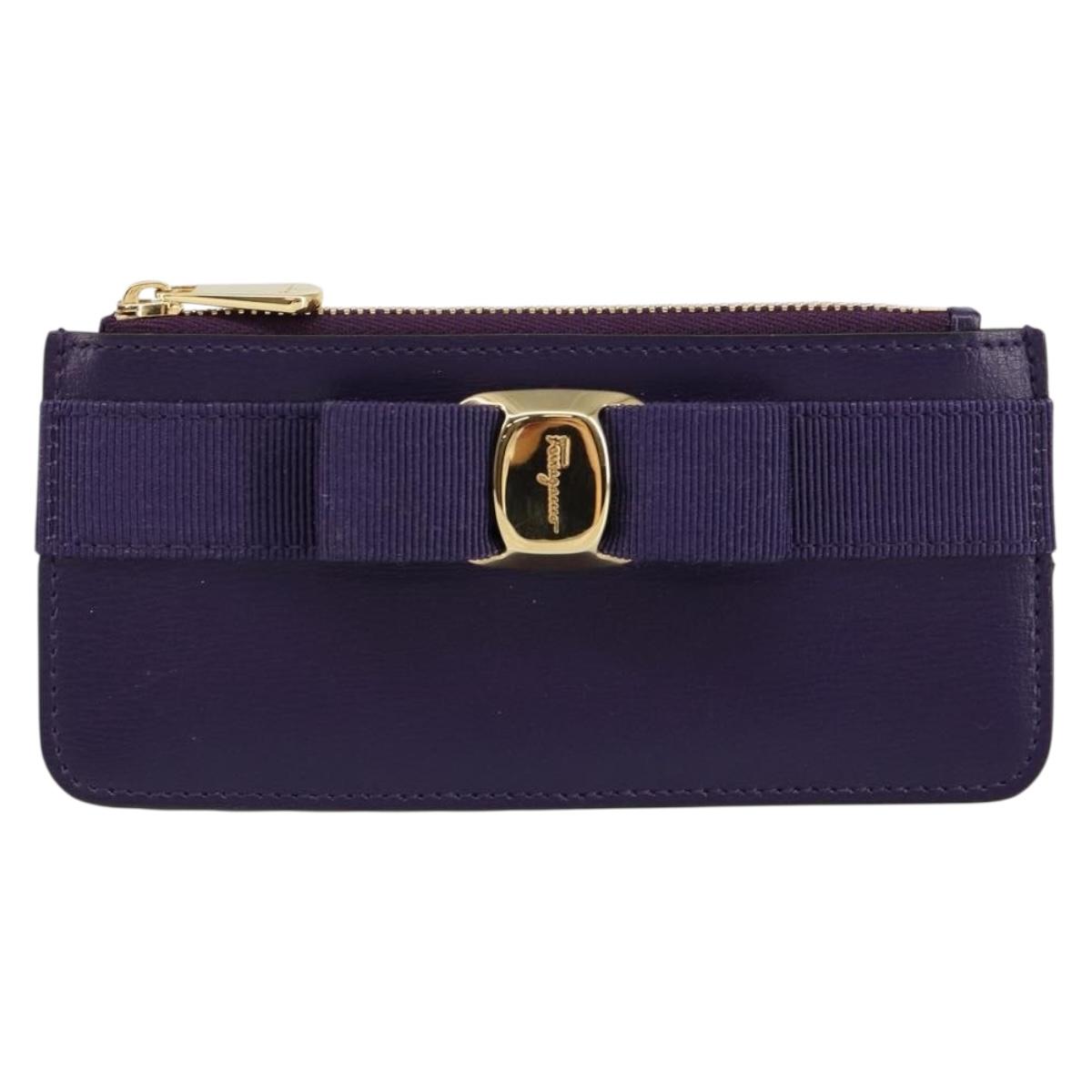 Salvatore Ferragamo Vala Card Case Leather Purple Gold Auth am9178