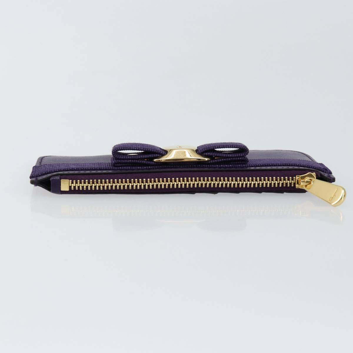 Salvatore Ferragamo Vala Card Case Leather Purple Gold Auth am9178