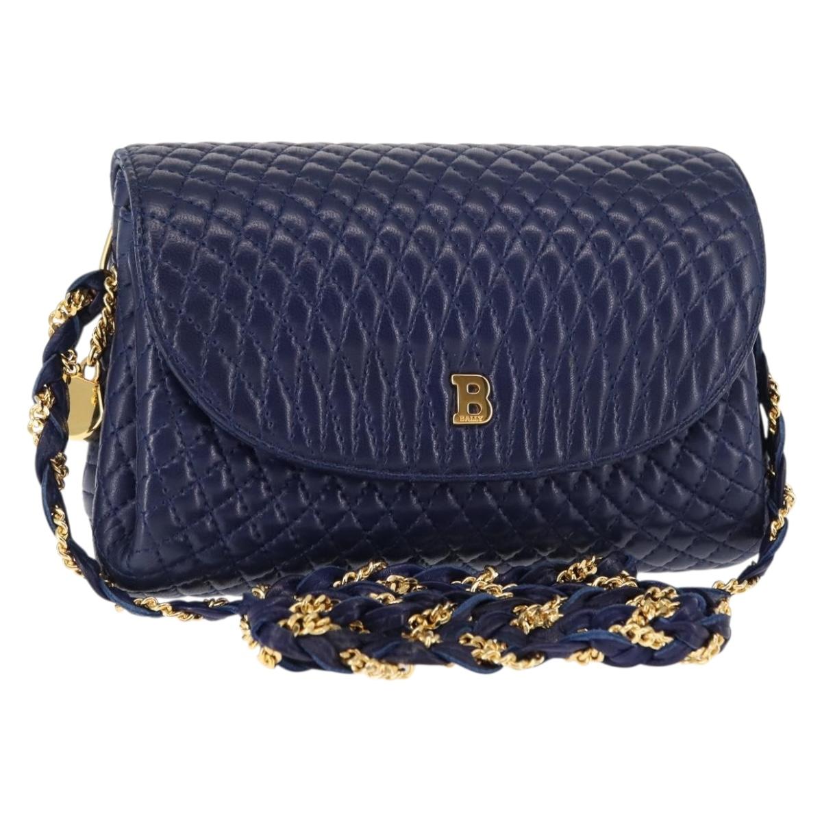 BALLY Chain Shoulder Bag Leather Navy Gold Auth am9185