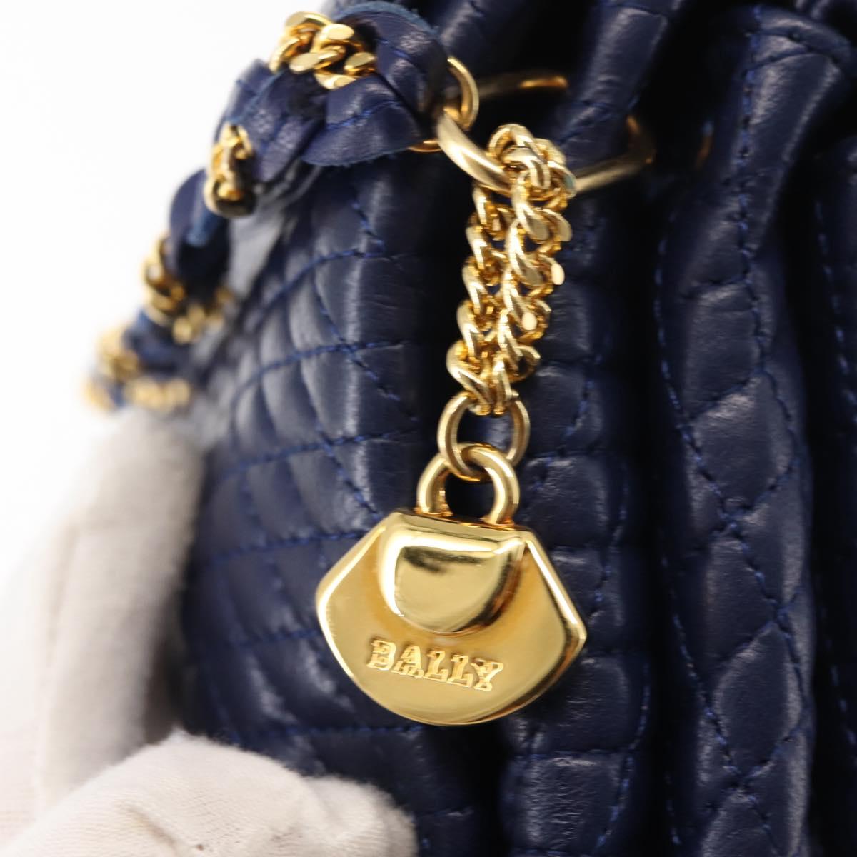 BALLY Chain Shoulder Bag Leather Navy Gold Auth am9185