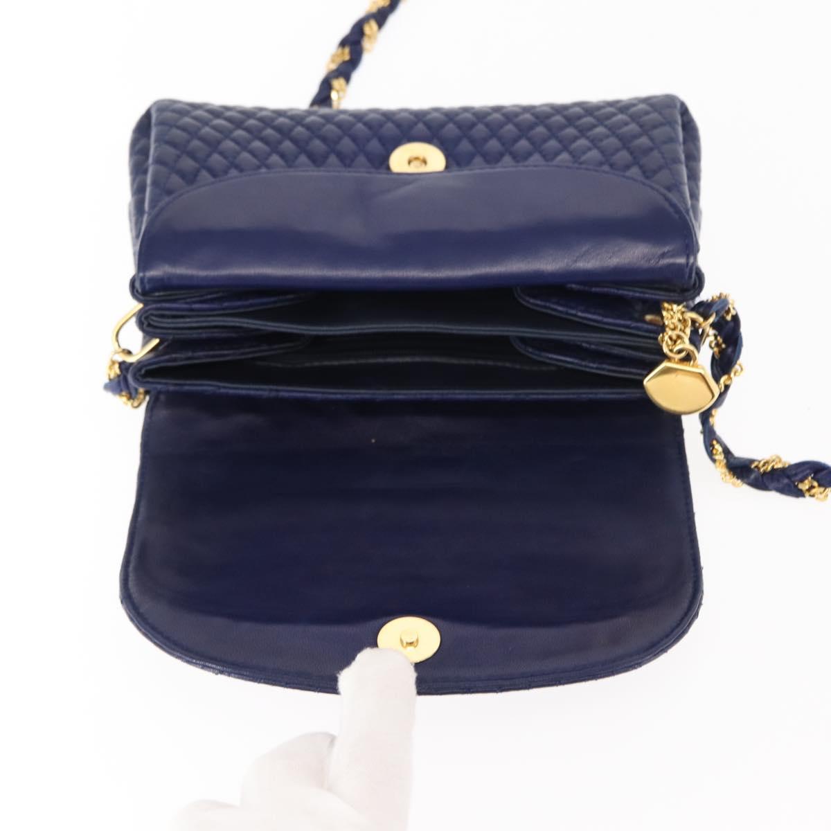 BALLY Chain Shoulder Bag Leather Navy Gold Auth am9185
