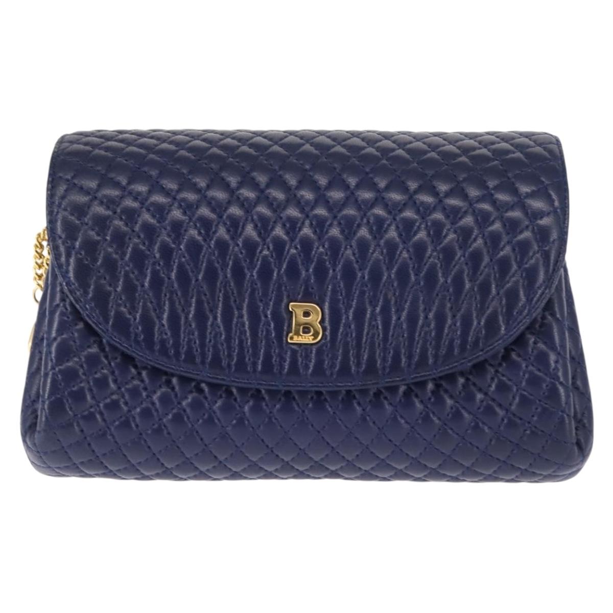 BALLY Chain Shoulder Bag Leather Navy Gold Auth am9185