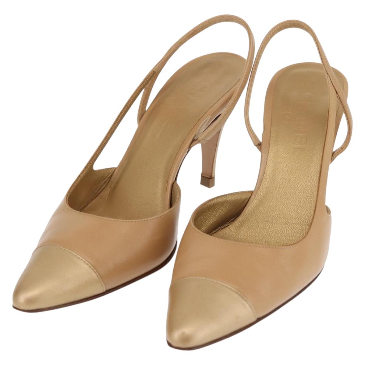 CHANEL Mule High heels Leather Gold CC Auth am9187