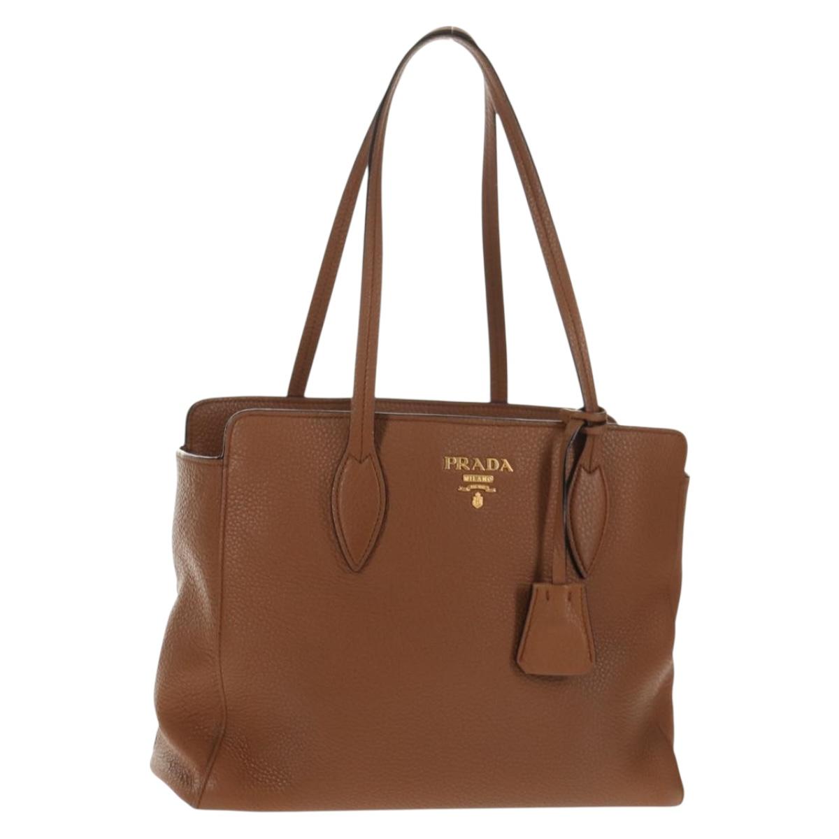 PRADA Tote Bag Leather Brown Gold Auth am9200V