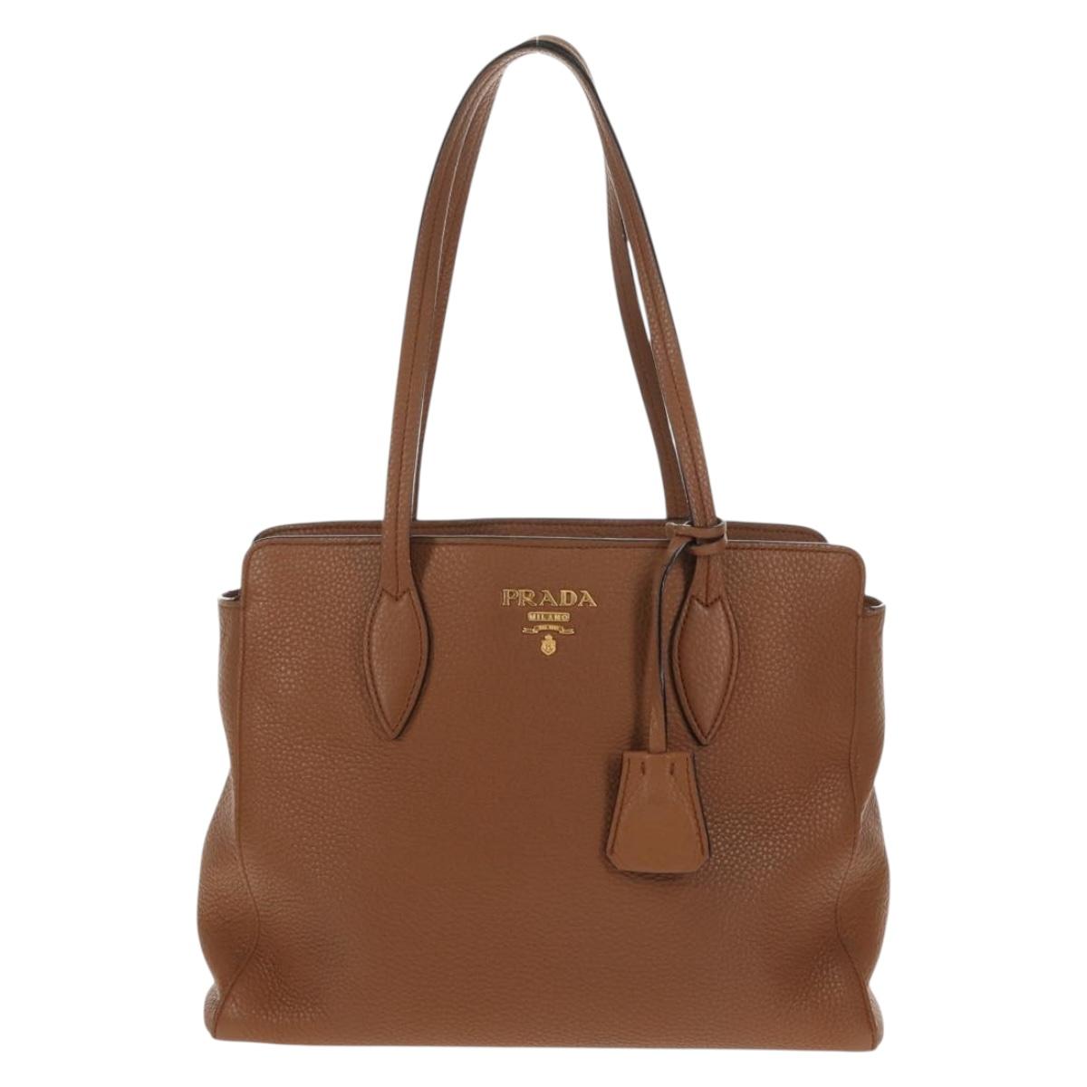 PRADA Tote Bag Leather Brown Gold Auth am9200V