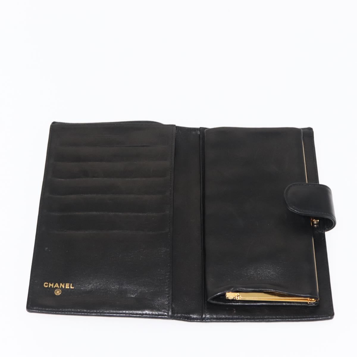 CHANEL Long Wallet Lamb Skin Black CC Auth am9206