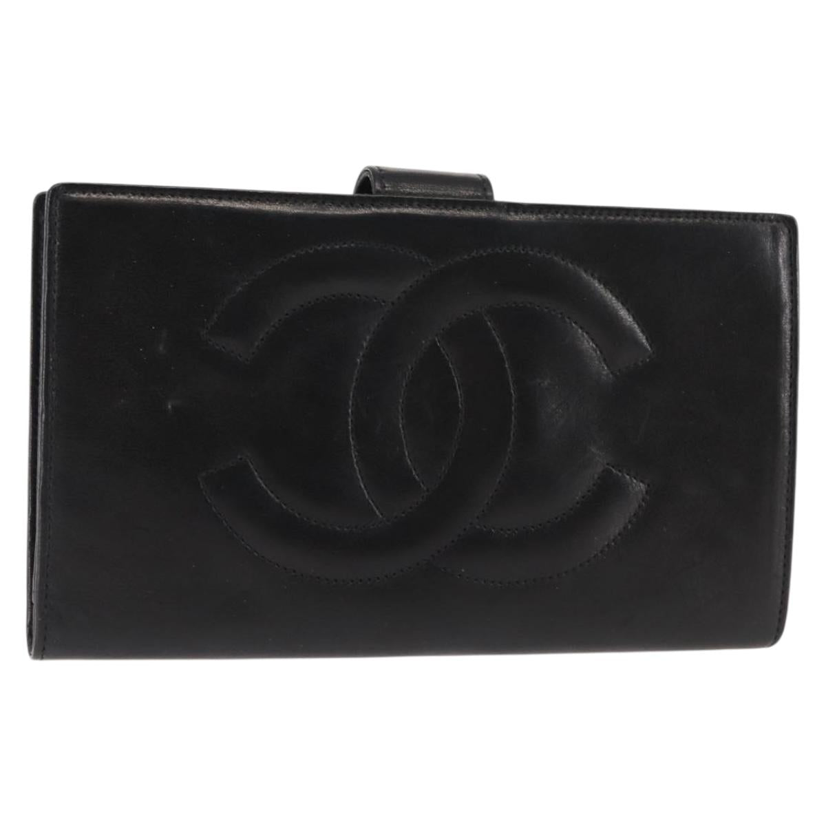 CHANEL Long Wallet Lamb Skin Black CC Auth am9206