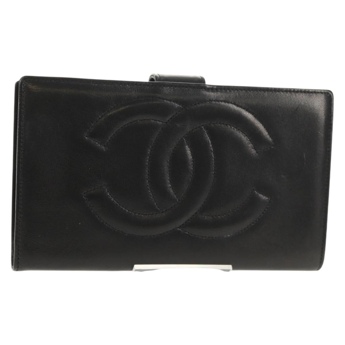 CHANEL Long Wallet Lamb Skin Black Gold CC Auth am9207V