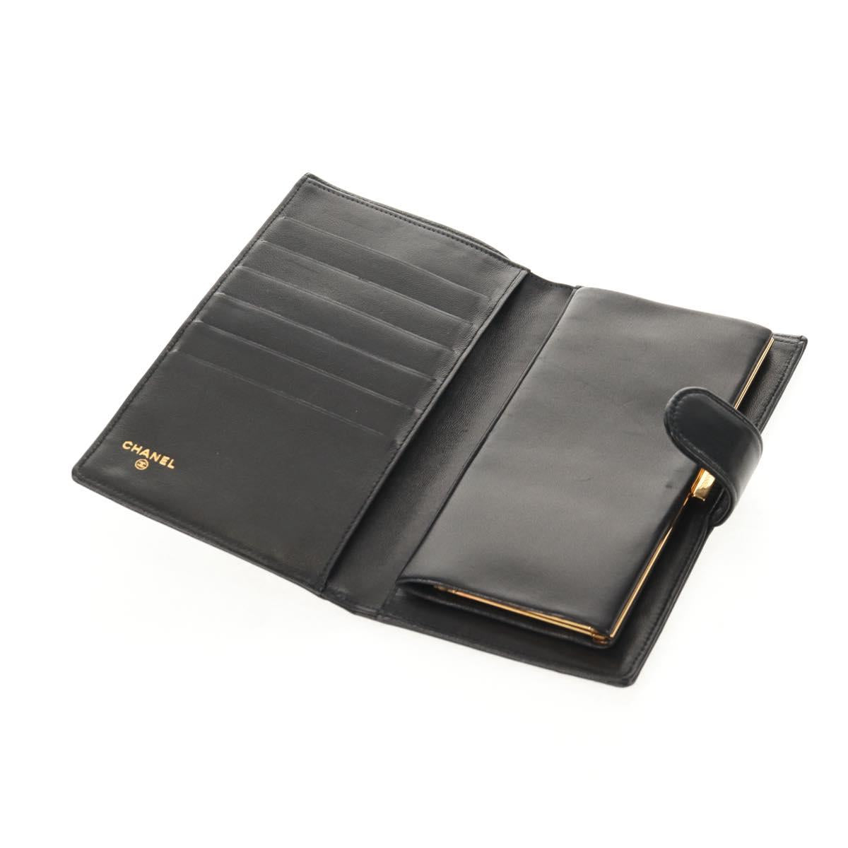 CHANEL Long Wallet Lamb Skin Black Gold CC Auth am9207V
