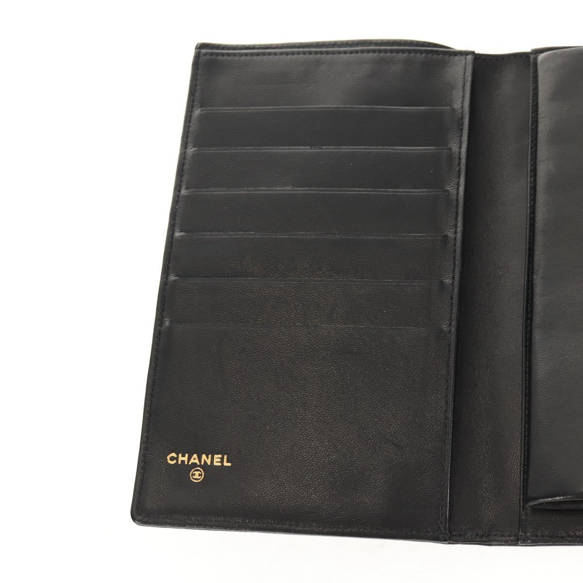 CHANEL Long Wallet Lamb Skin Black Gold CC Auth am9207V