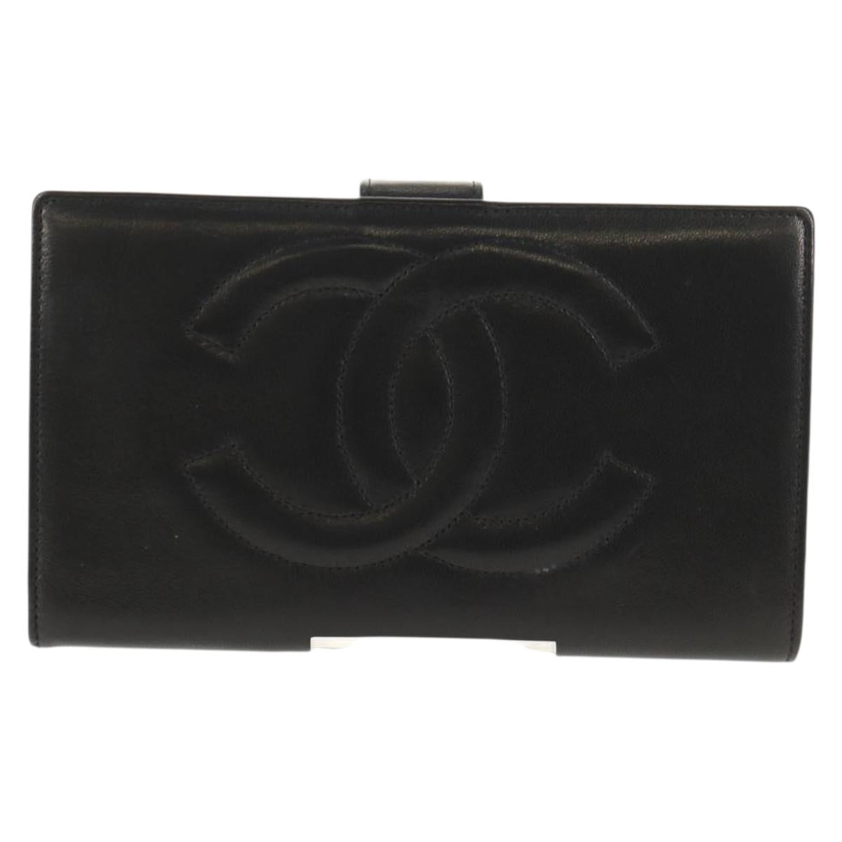 CHANEL Long Wallet Lamb Skin Black Gold CC Auth am9207V