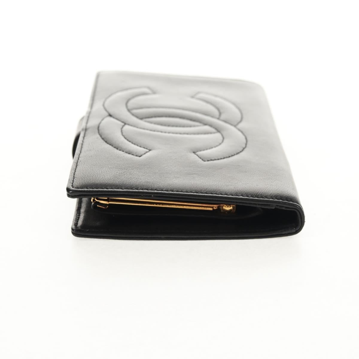CHANEL Long Wallet Lamb Skin Black Gold CC Auth am9207V