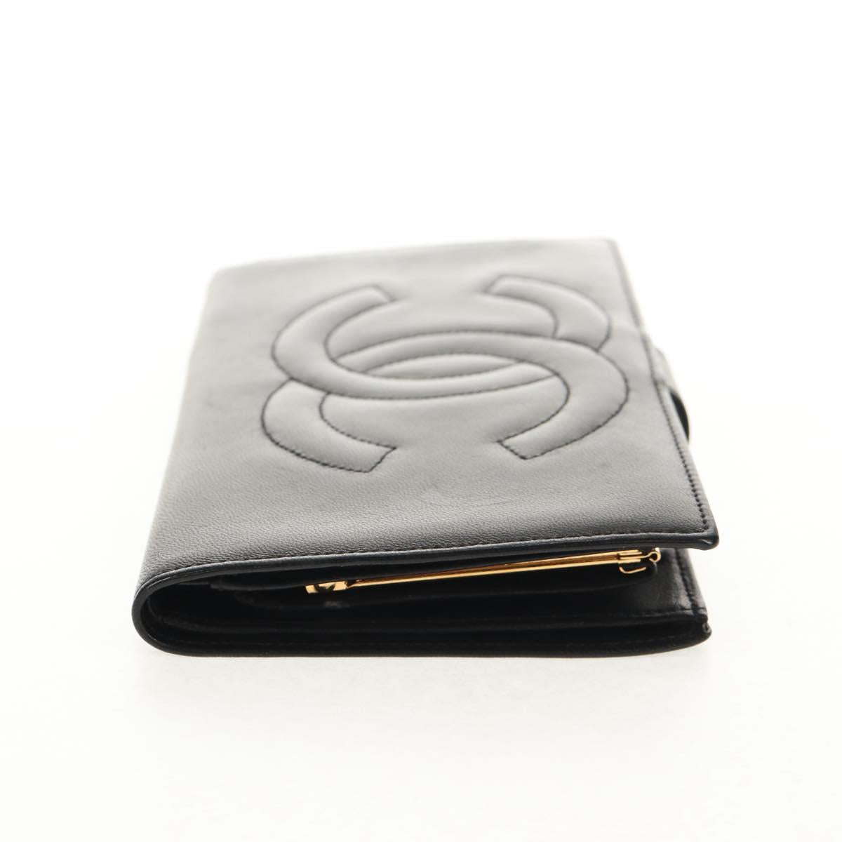 CHANEL Long Wallet Lamb Skin Black Gold CC Auth am9207V