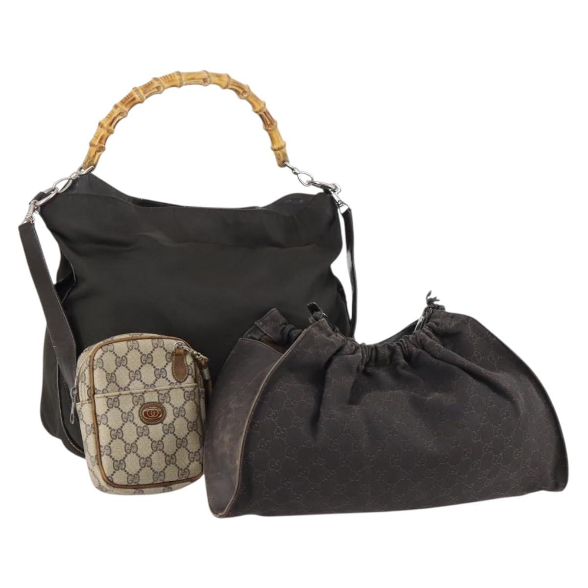 GUCCI GG Canvas Supreme Bamboo Bag Nylon PVC 3Set Beige Black Auth am9227