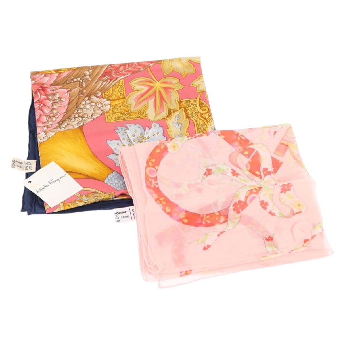 Salvatore Ferragamo Scarf Silk 2Set Pink Navy Auth am9236