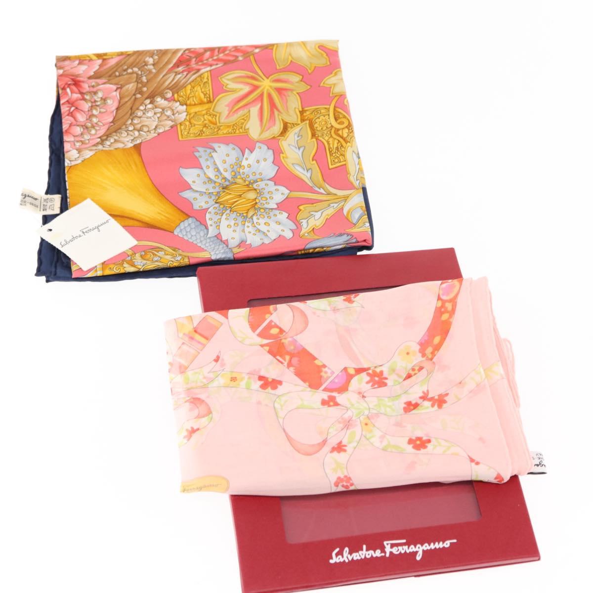 Salvatore Ferragamo Scarf Silk 2Set Pink Navy Auth am9236