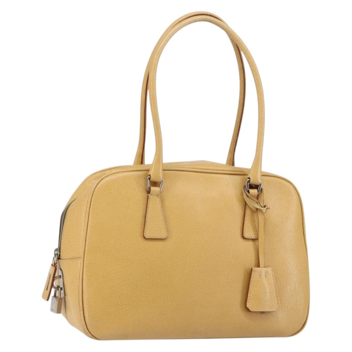 PRADA Shoulder Bag Leather Beige Silver Auth am9244