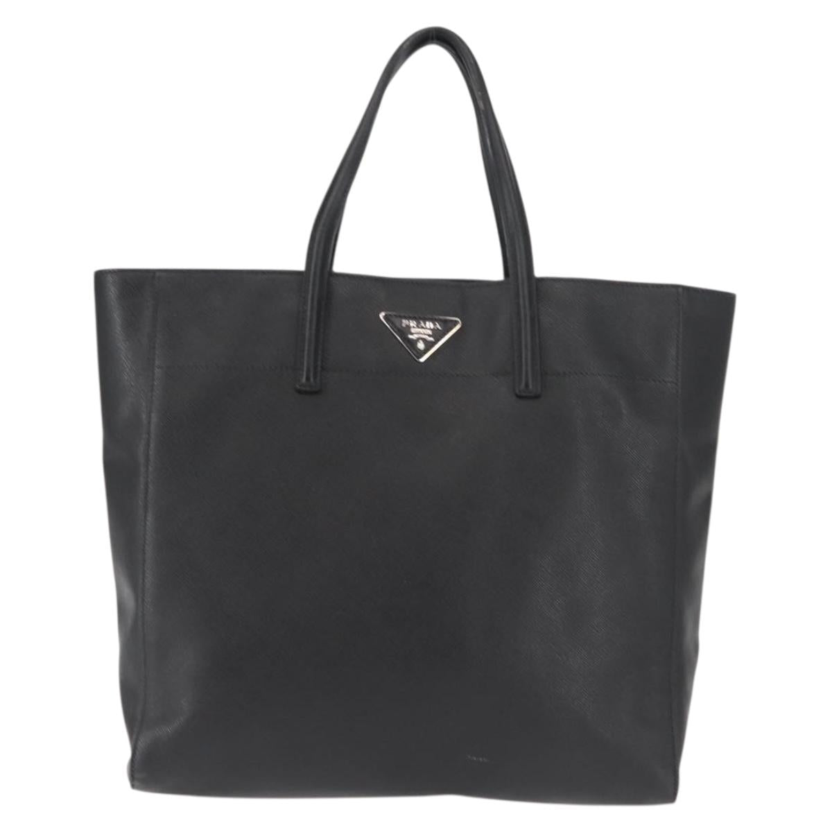 PRADA Tote Bag Safiano leather Black Silver Auth am9247