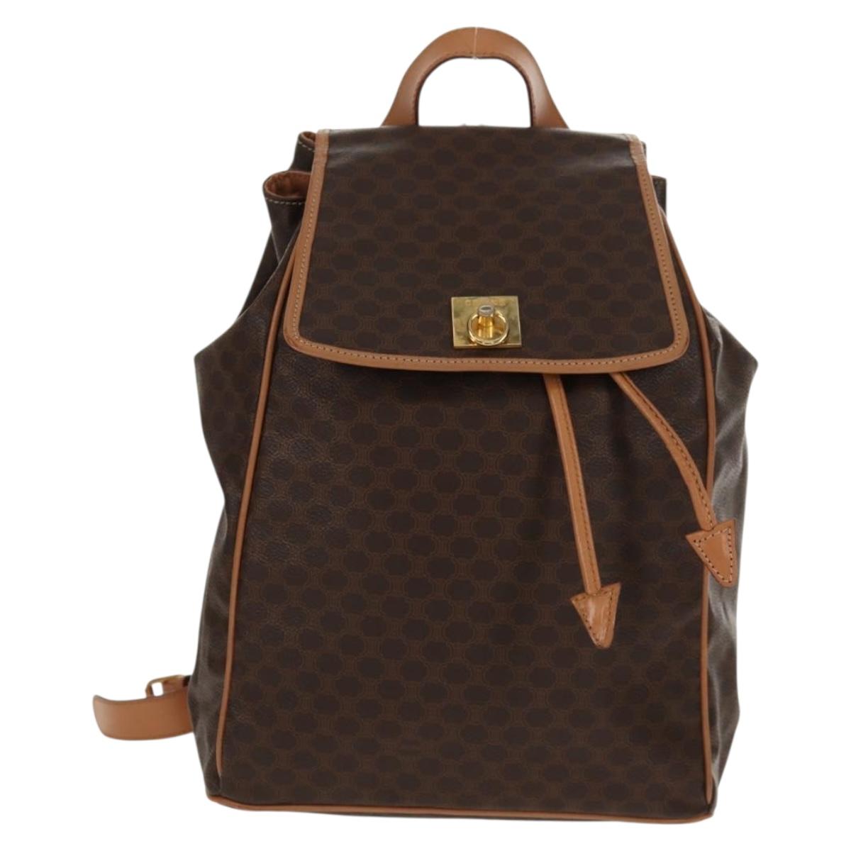 CELINE Macadam Canvas Backpack PVC Leather Brown Gold Auth am9264