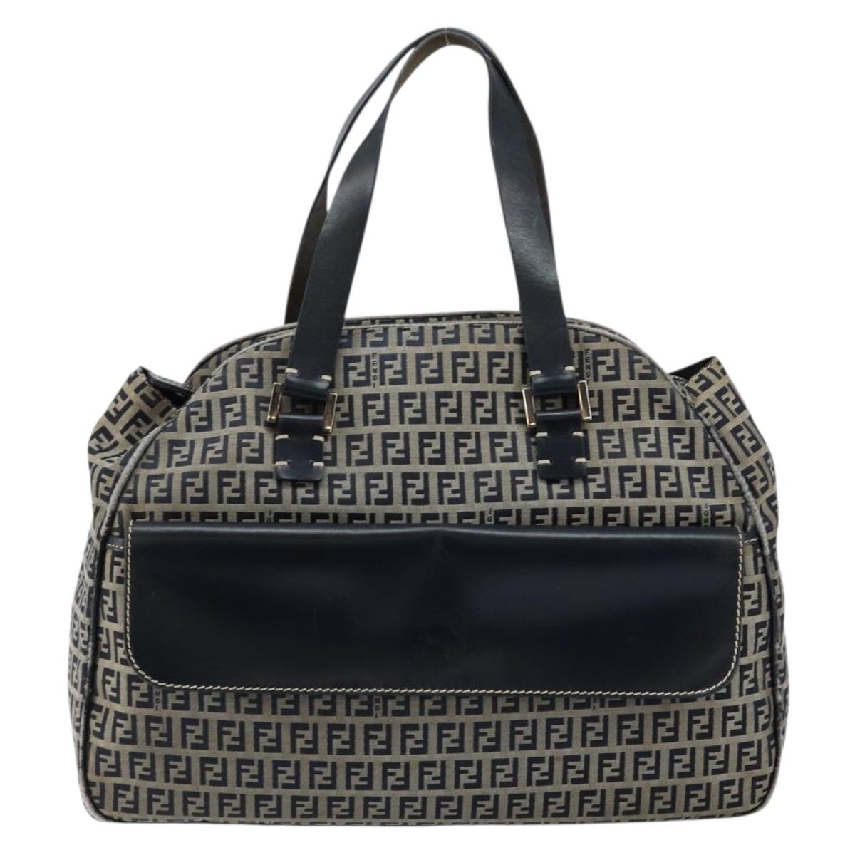 FENDI Zucchino Canvas Hand Bag Navy Silver Auth am9266