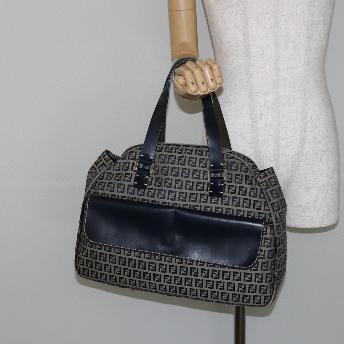 FENDI Zucchino Canvas Hand Bag Navy Silver Auth am9266