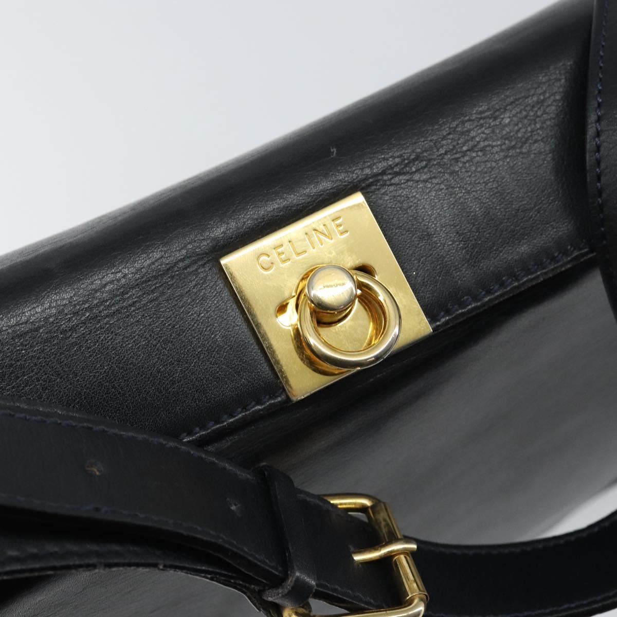 CELINE Shoulder Bag Leather Navy Gold Auth am9321