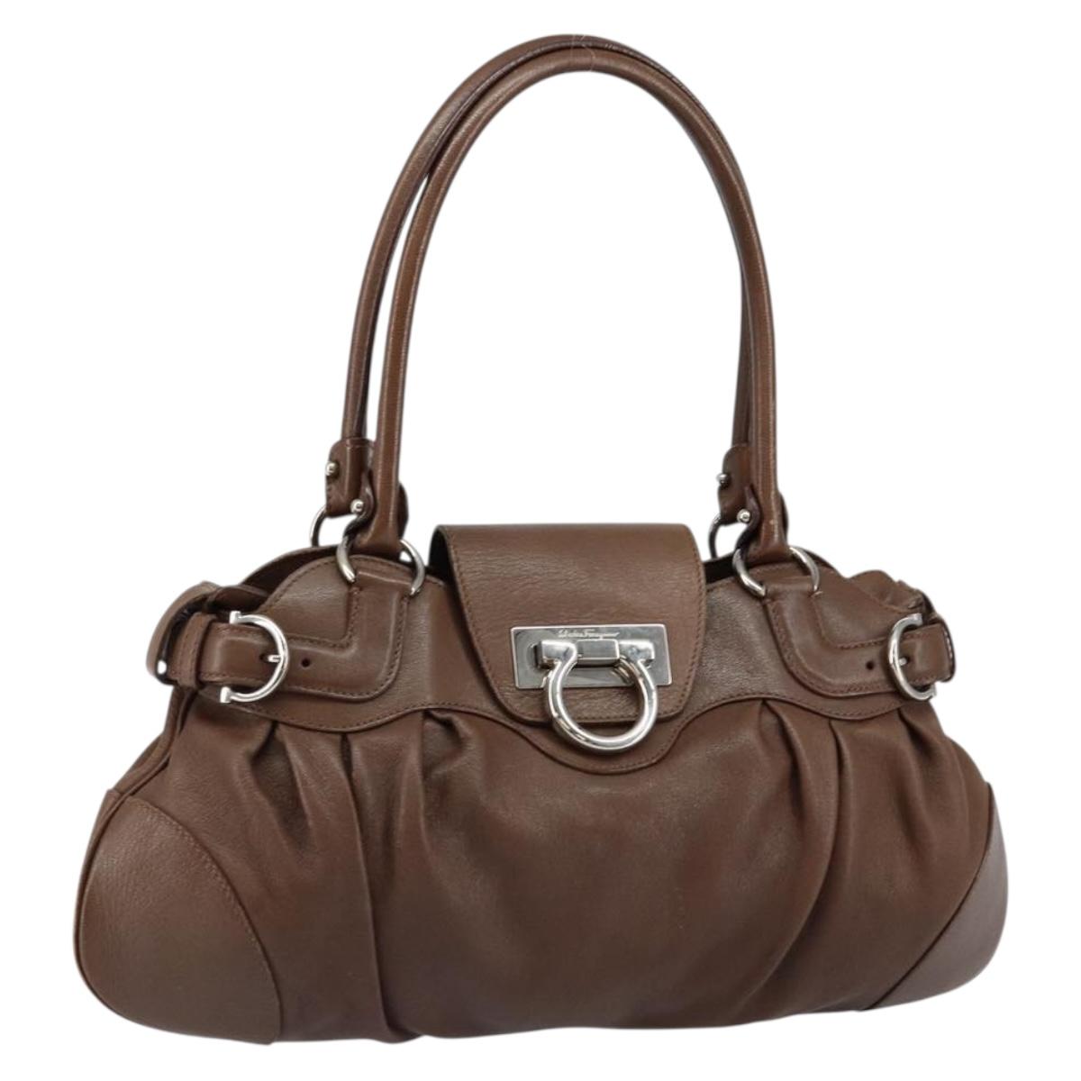 Salvatore Ferragamo Gancini Shoulder Bag Leather Brown Auth am9322