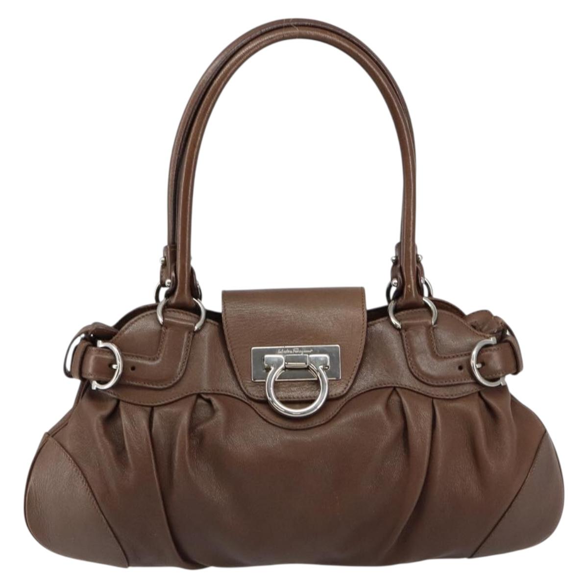 Salvatore Ferragamo Gancini Shoulder Bag Leather Brown Auth am9322