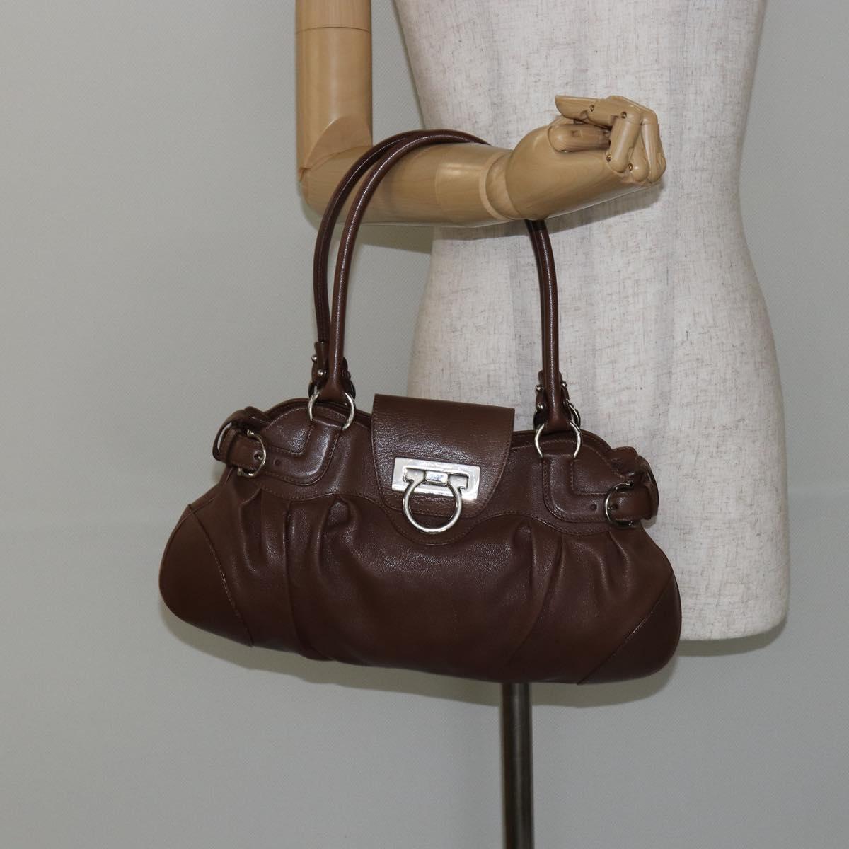 Salvatore Ferragamo Gancini Shoulder Bag Leather Brown Auth am9322