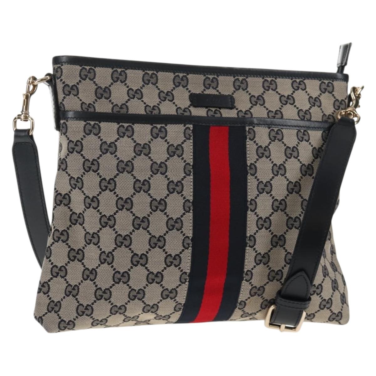 GUCCI GG Canvas Sherry Line Shoulder Bag Navy Gold Red 388926 Auth am9338V