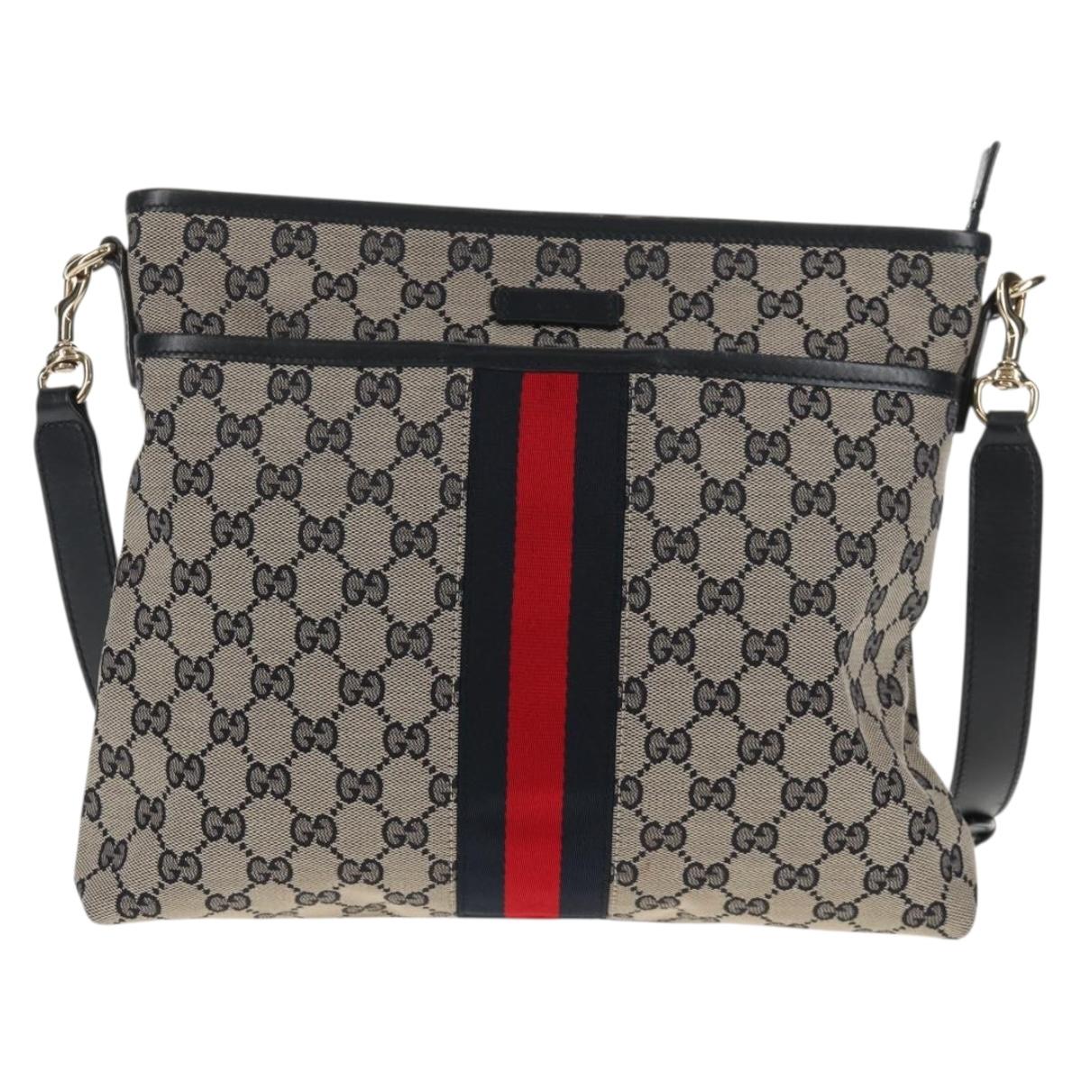 GUCCI GG Canvas Sherry Line Shoulder Bag Navy Gold Red 388926 Auth am9338V