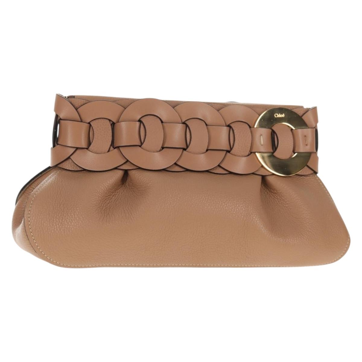 Chloe Darryl Clutch Bag Leather Beige Gold Auth am9340V