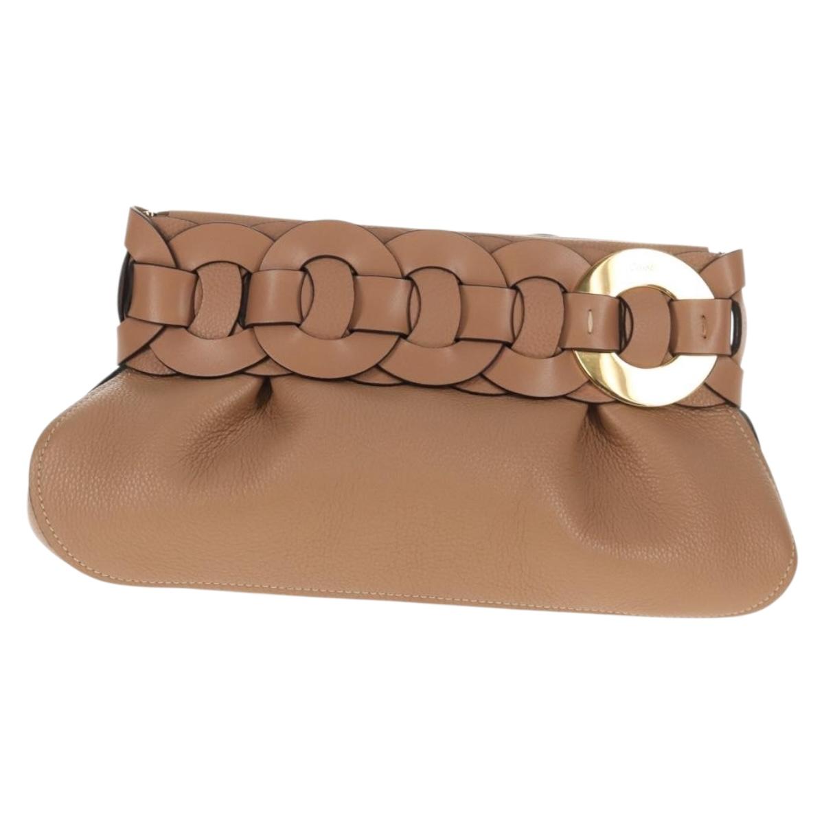 Chloe Darryl Clutch Bag Leather Beige Gold Auth am9340V