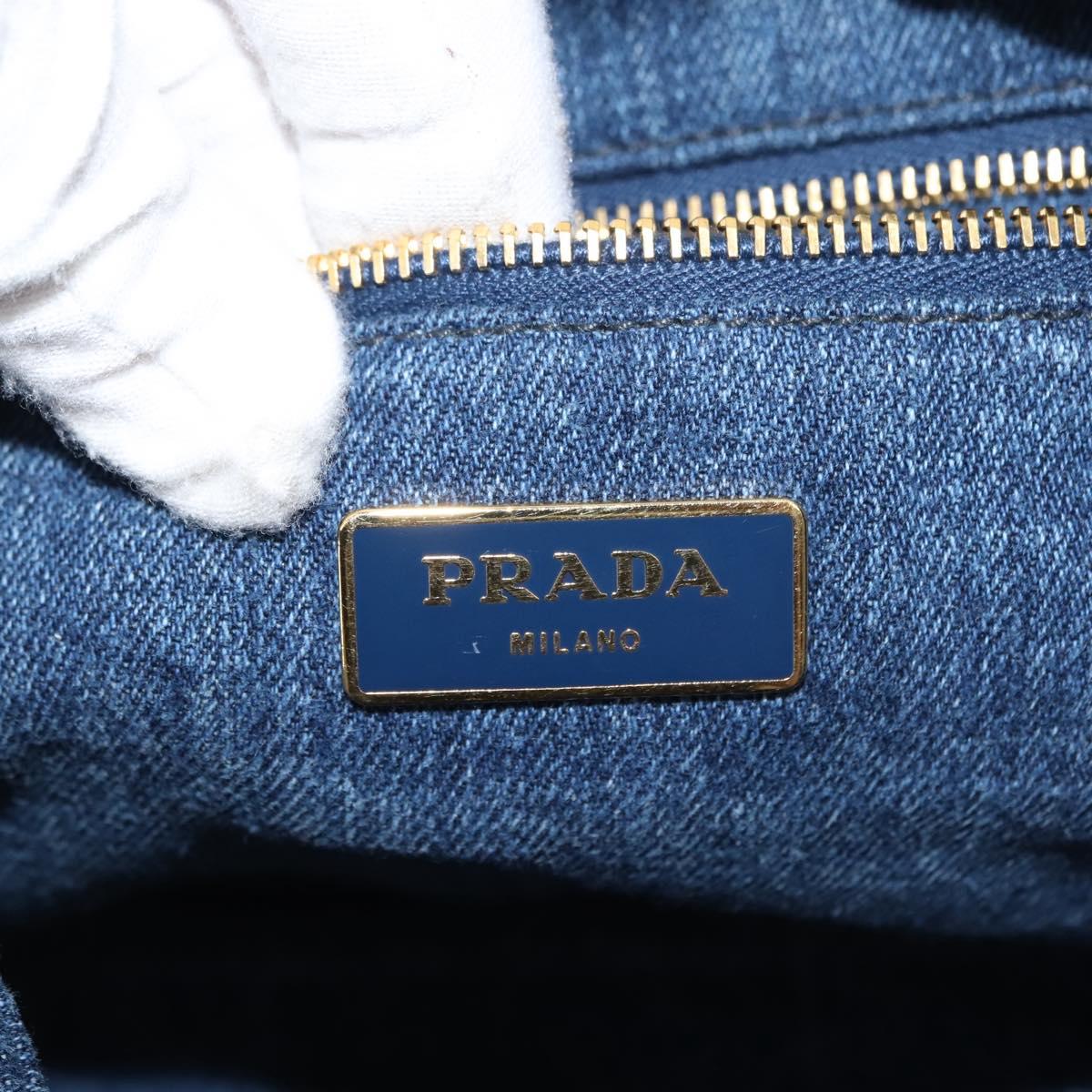 PRADA Canapa MM Hand Bag Denim Blue Gold Auth am9345