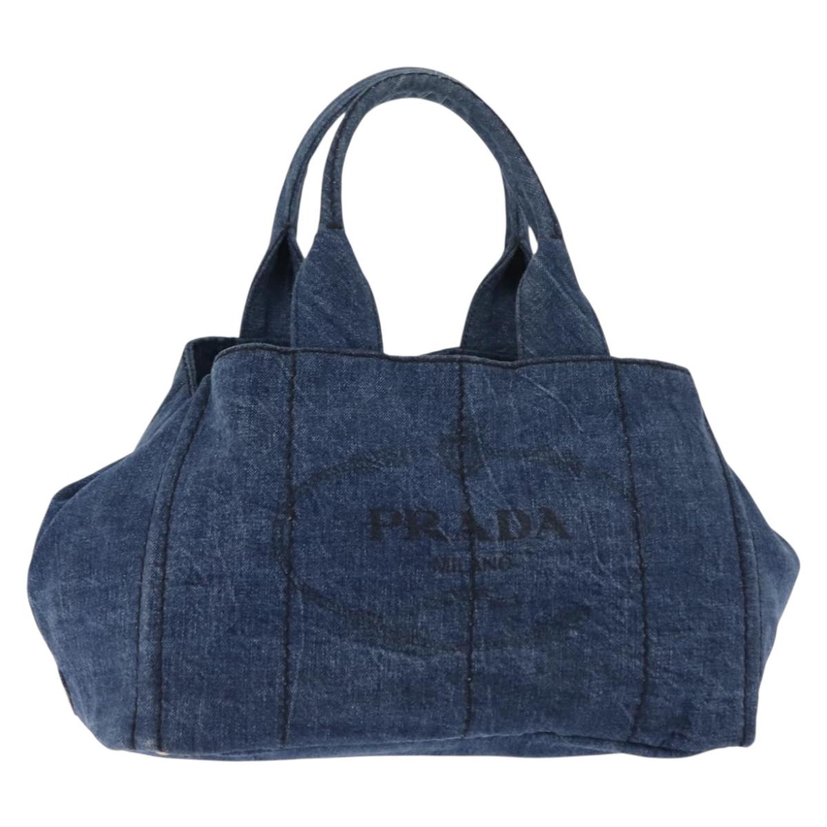 PRADA Canapa MM Hand Bag Denim Blue Gold Auth am9345
