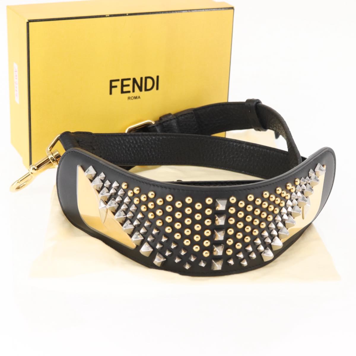 FENDI Monster Studs Shoulder Strap Leather 31.5""-39.4"" Black Gold Auth am9364