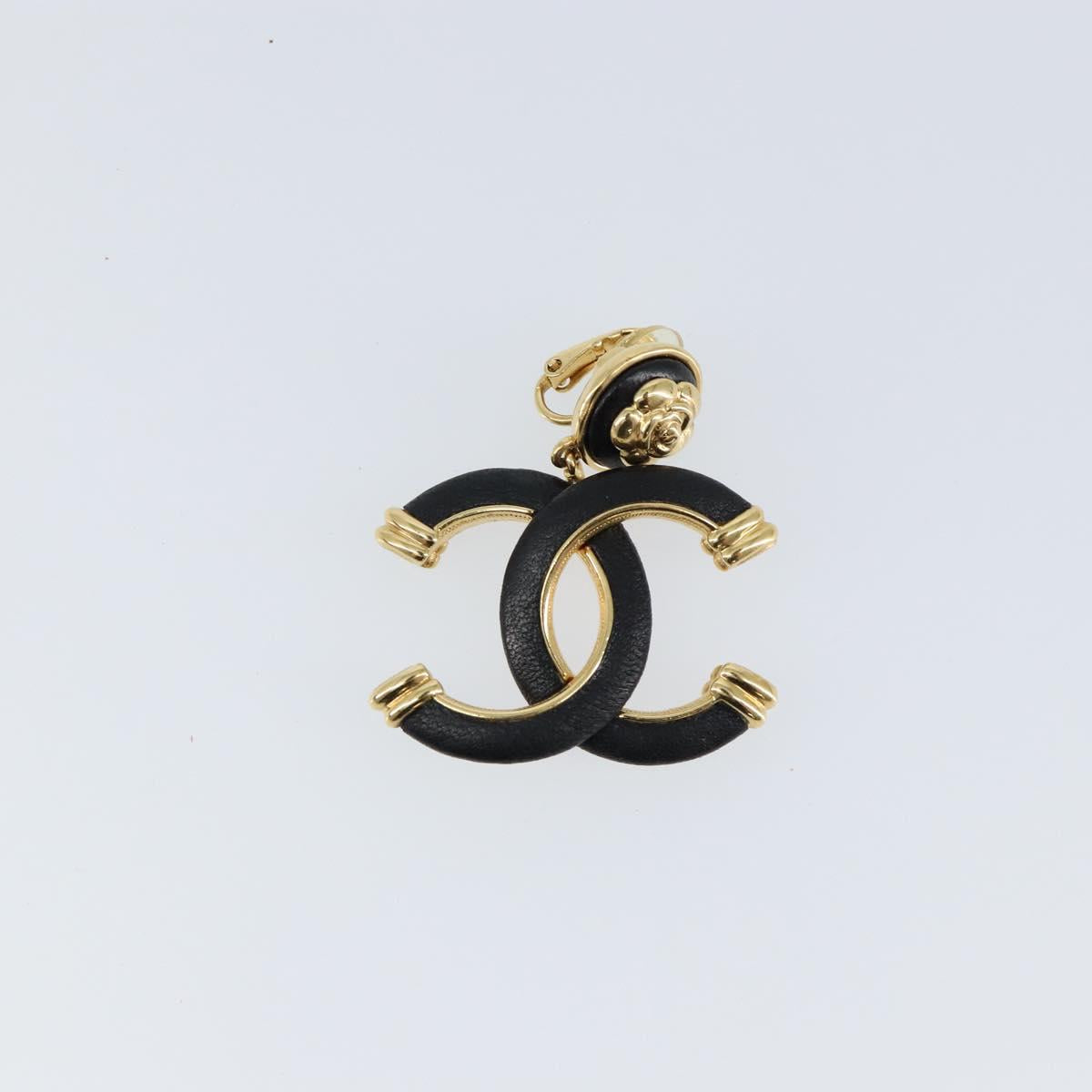 CHANEL COCO Mark Camelia Earring Metal Leather Gold CC Auth am9409