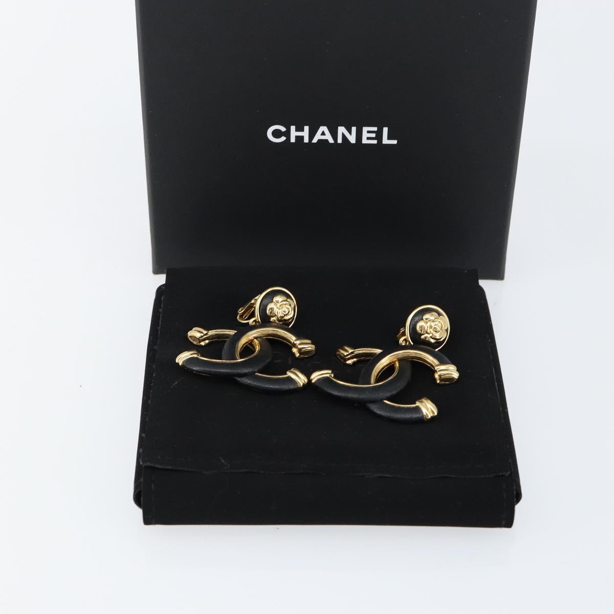 CHANEL COCO Mark Camelia Earring Metal Leather Gold CC Auth am9409