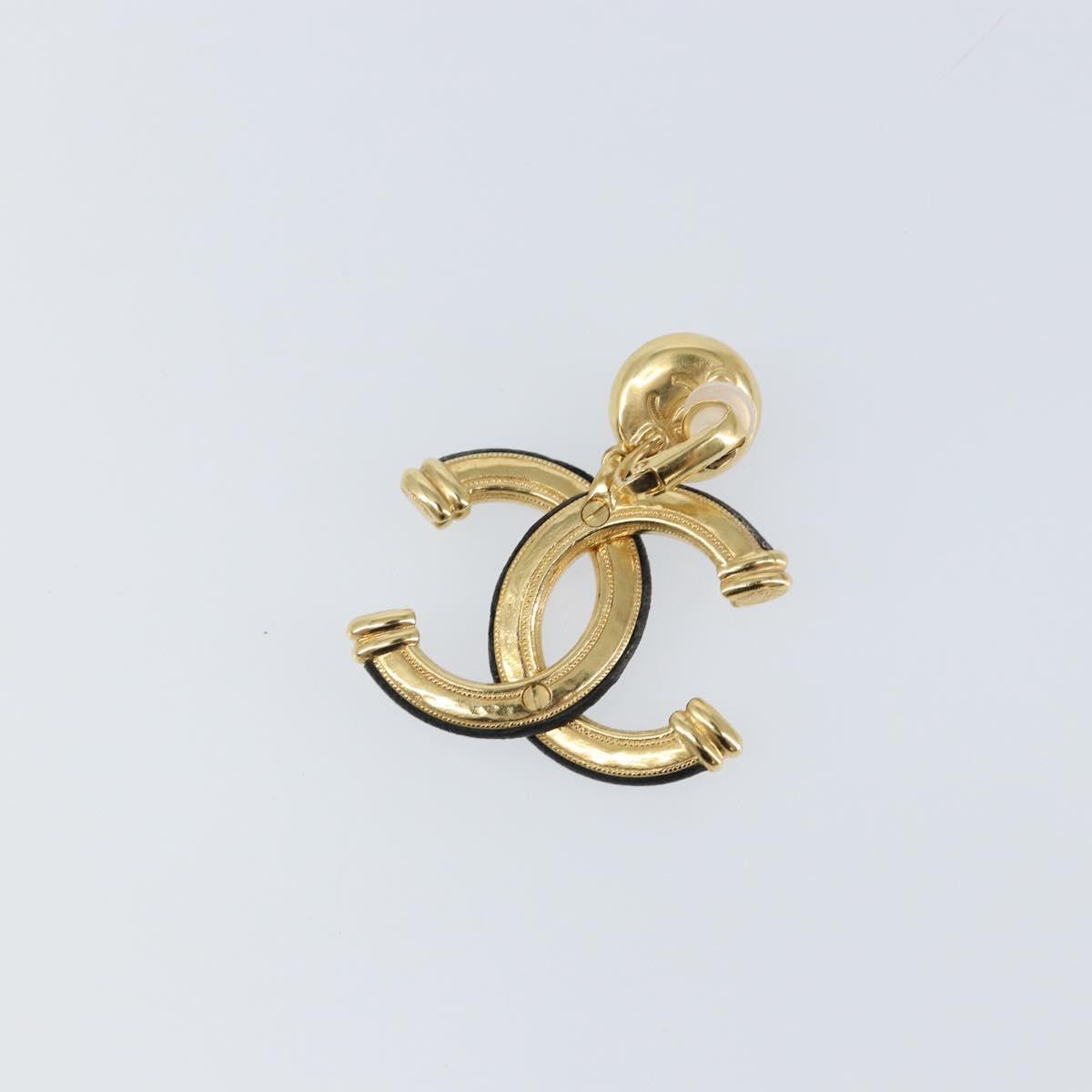 CHANEL COCO Mark Camelia Earring Metal Leather Gold CC Auth am9409