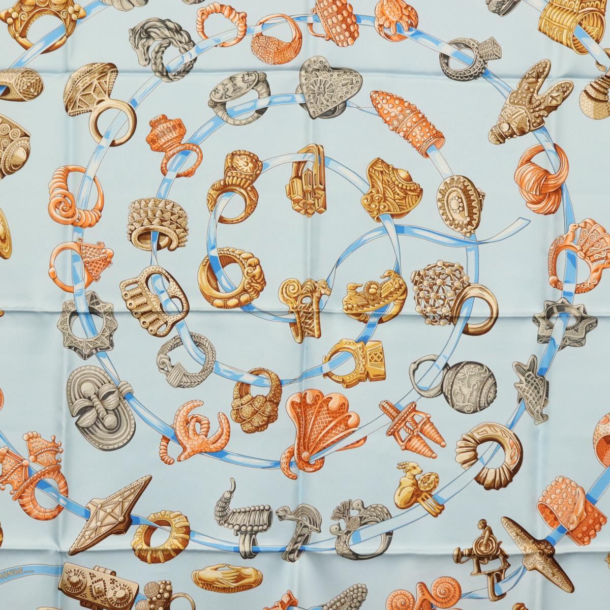 HERMES Carre 90 Scarf ""ALLIANCES DU MONDE"" Silk Light Blue Auth am9416