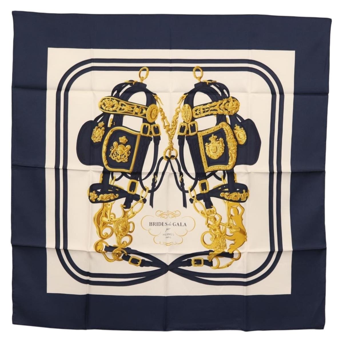 HERMES Carre 90 Scarf ""BRIDES de GALA par"" Silk White blue Auth am9417