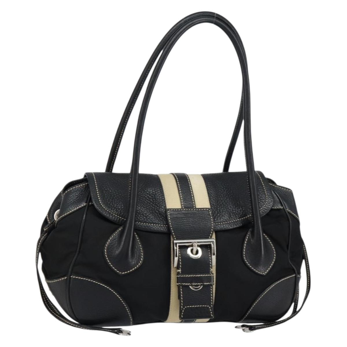 PRADA Shoulder Bag Nylon Leather Black Silver Auth am9430