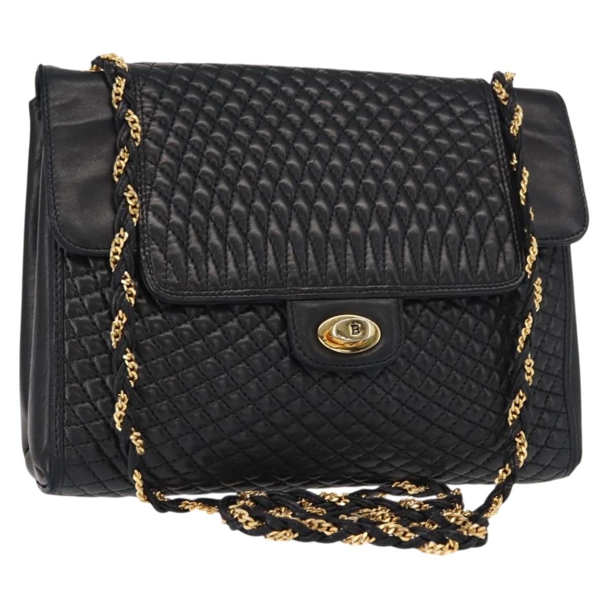 BALLY Quilted Chain Shoulder Bag Leather Black Gold Auth am9465
