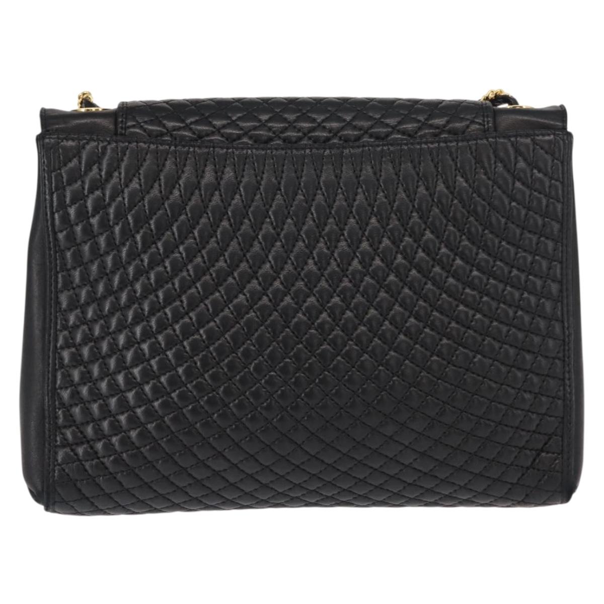 BALLY Quilted Chain Shoulder Bag Leather Black Gold Auth am9465