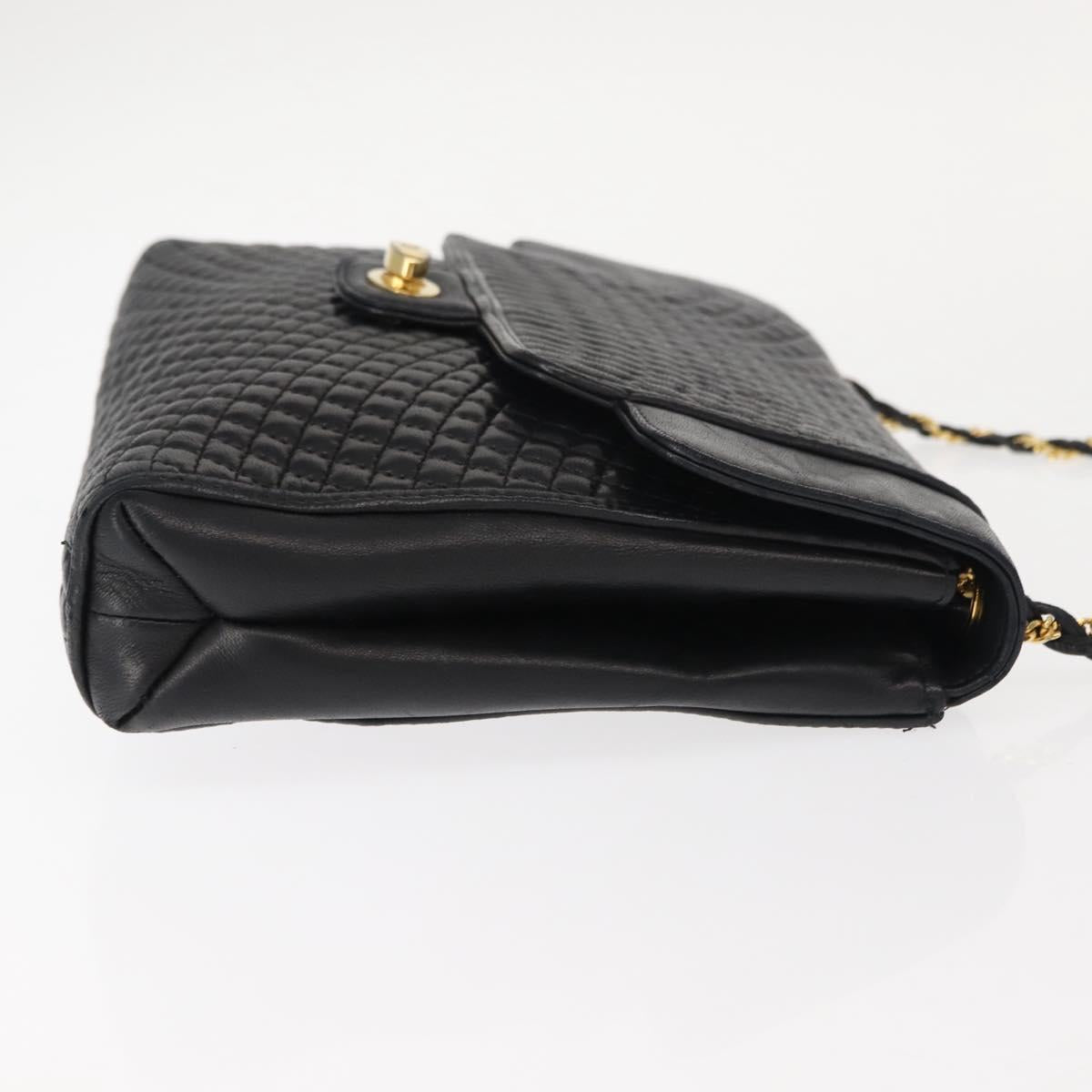 BALLY Quilted Chain Shoulder Bag Leather Black Gold Auth am9465