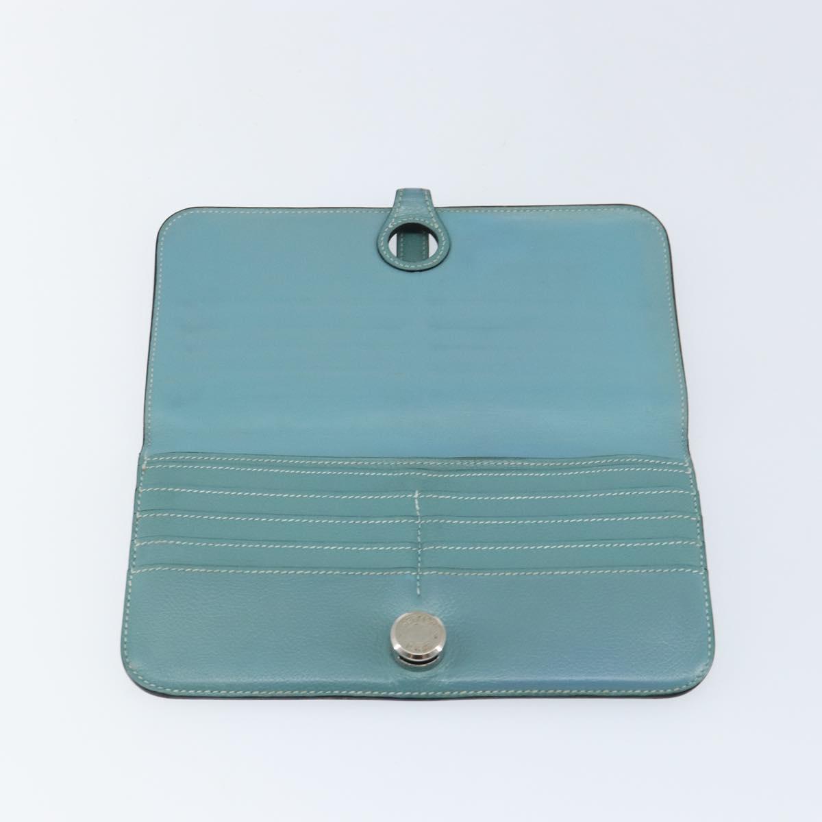 HERMES Dogon Long Wallet Leather Light Blue Silver Auth am9479