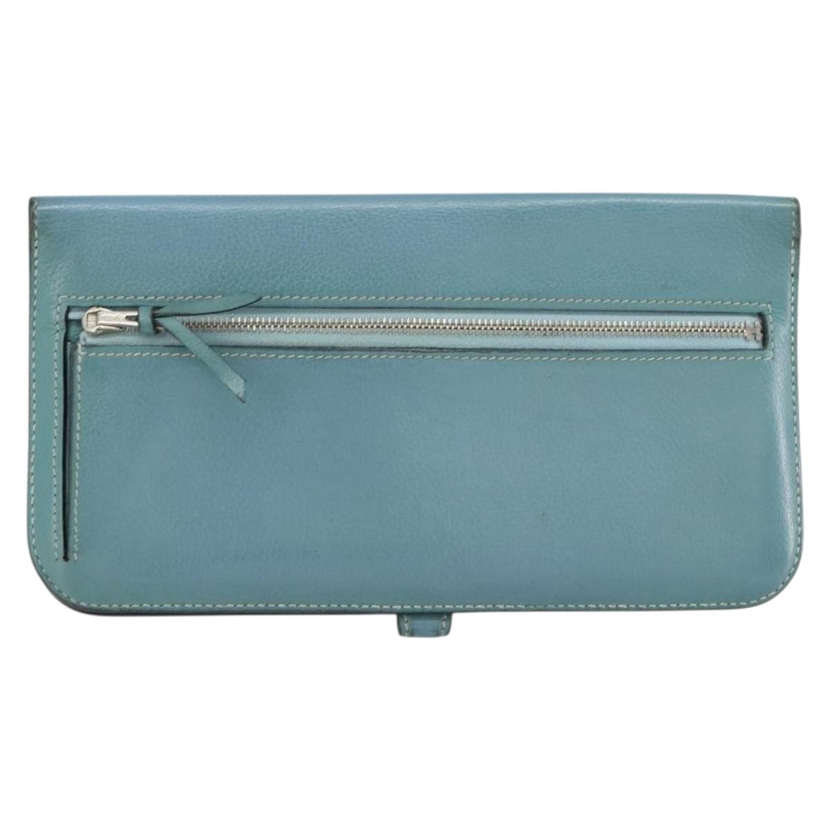 HERMES Dogon Long Wallet Leather Light Blue Silver Auth am9479